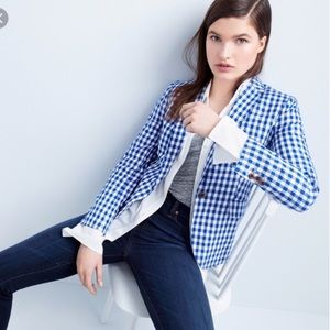 NEW J. Crew Blue Gingham Campbell Linen Blazer Preppy Check Coastal Size 00
